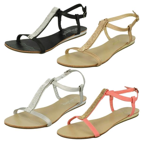Savannah Ladies Savannah Flat T Bar Diamante Trim Casual Sandal