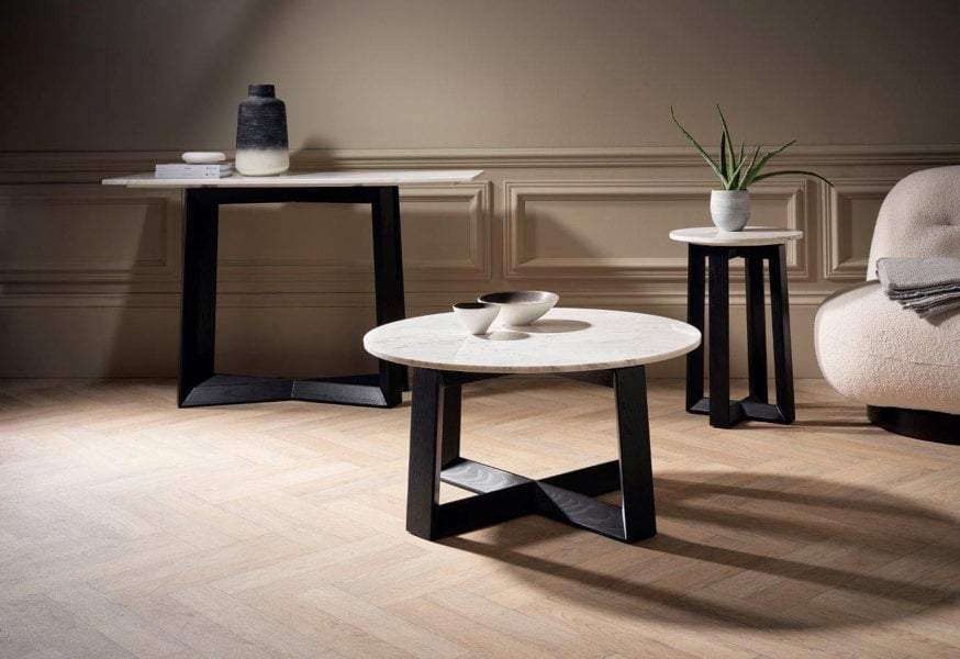 Cadiz Small Round Coffee Table with Natural Stone White Marble Top & Natural Black Oak Base by Gillmore British Design © GillmoreSPACE Limited