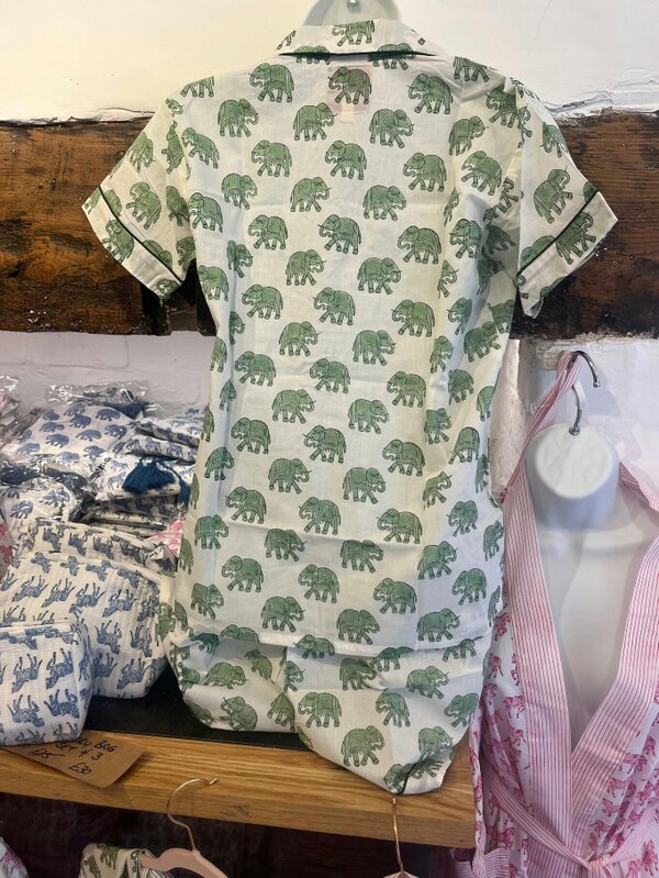 Short Sleeve Green Woodblock Elephant print pyjamas - Adult