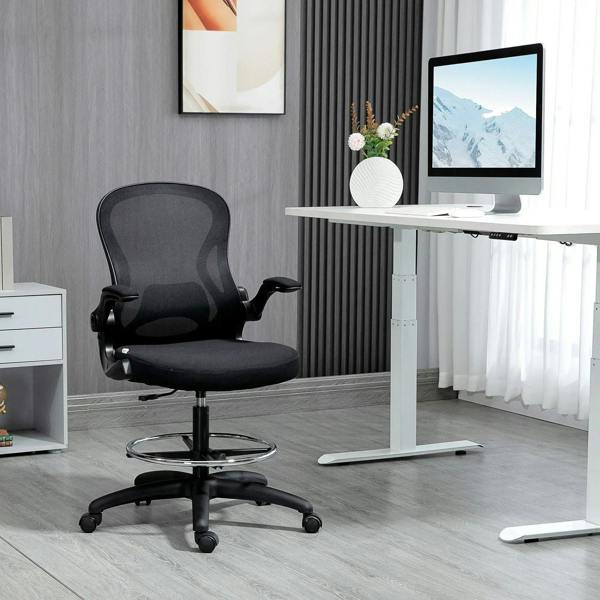 Black adjustable standing desk chair with mesh back, padded seat, flip-up armrests, swivel base