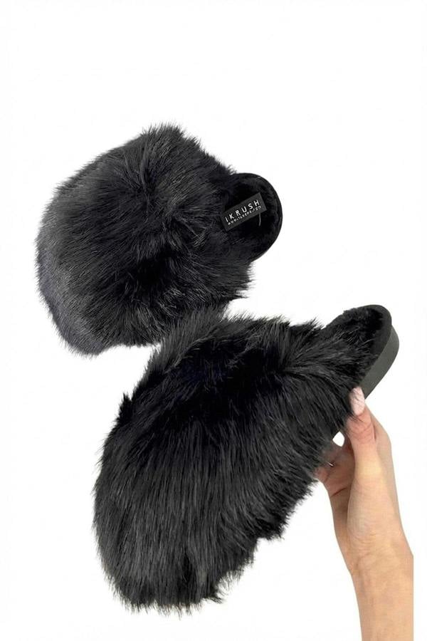 Nadia Fluffy Faux Fur Slippers - Black_wb
