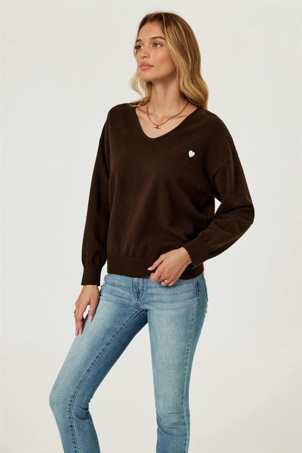 FS Collection Heart Embroidered Knit Jumper Top In Brown