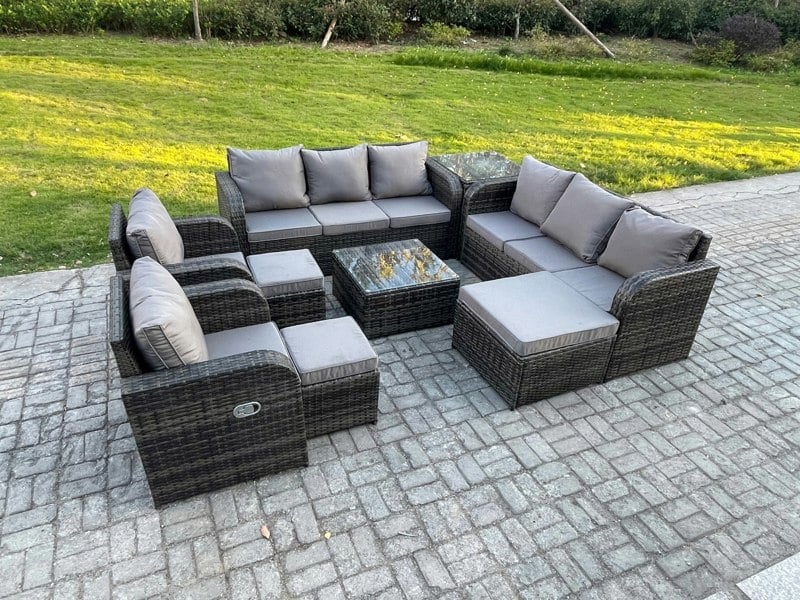 Fimous High Back Rattan Garden Furniture Set with Square Coffee Table 3 Footstools Side Table Indoor Outdoor Patio Lounge Sofa Set Dark Grey Mixed