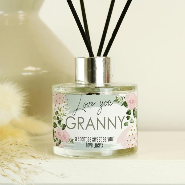 Personalised Abstract Rose Reed Diffuser for Granny with pink floral details.