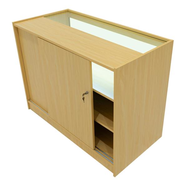Luna LED Shop Counter Set in maple finish, featuring sliding doors, glass top, and spacious interior shelves for display and storage