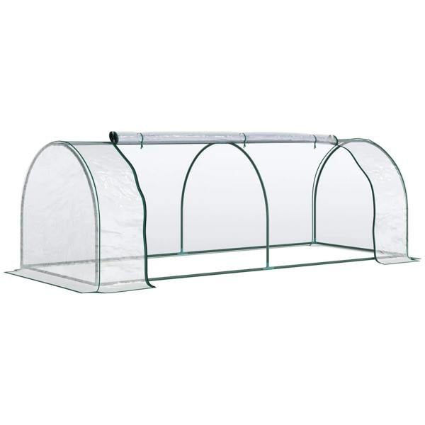 Mini greenhouse polytunnel with clear PVC cover and dark green steel frame, double doors