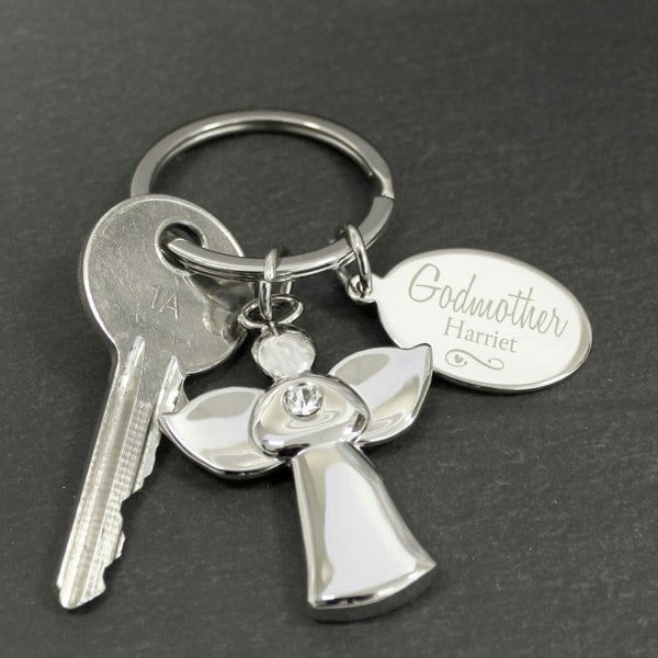 Personalised Memento Company Personalised Silver Plated Swirls & Hearts Godmother Angel Keyring