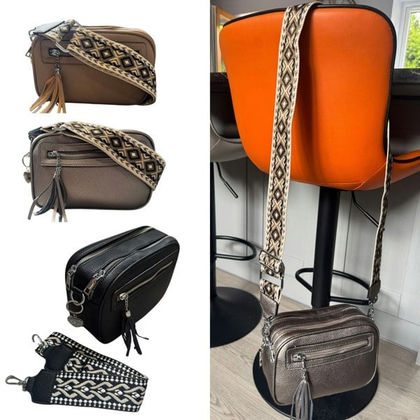 Love EMVY Double Zipped Crossbody Bag – Heart Diamante Keyring, Tassels