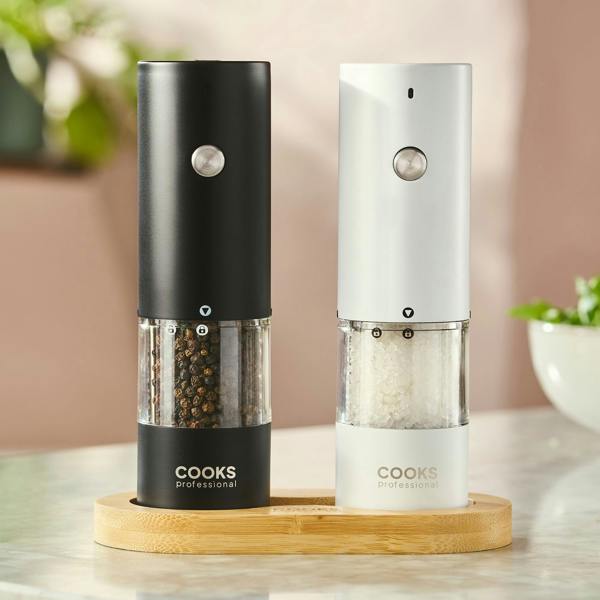 Cooks Professional Rechargeable Salt and Pepper Mill Set with Bamboo Base | Black and White