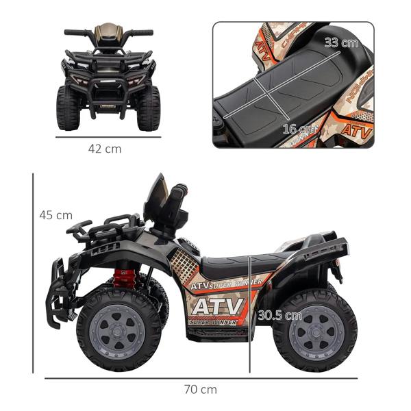 Black kids ride-on ATV four wheeler, front and side view with rugged wheels