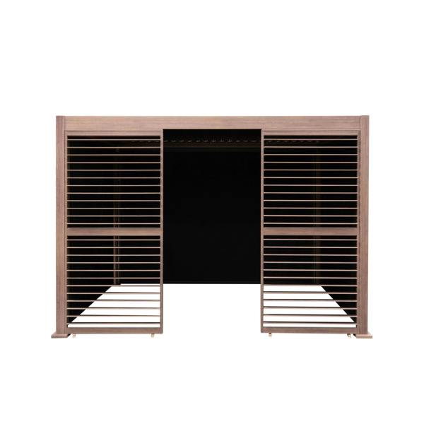 Wood effect aluminum pergola featuring two louvre panels and adjustable blinds, ideal for outdoor shade and style, 3m x 3m