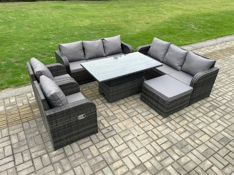 Fimous 9-Seater PE Rattan Outdoor Dining & Sofa Set | Adjustable Rising Table, Reclining Chair, Side Table | Dark Grey