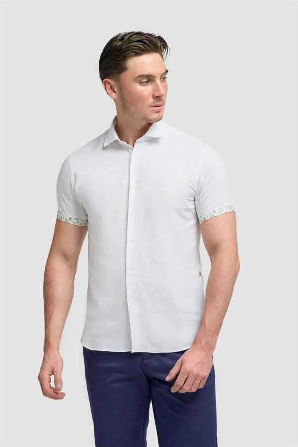 House of Cavani Matera Plain Regular Fit Short Sleeve Linen Shirt - White