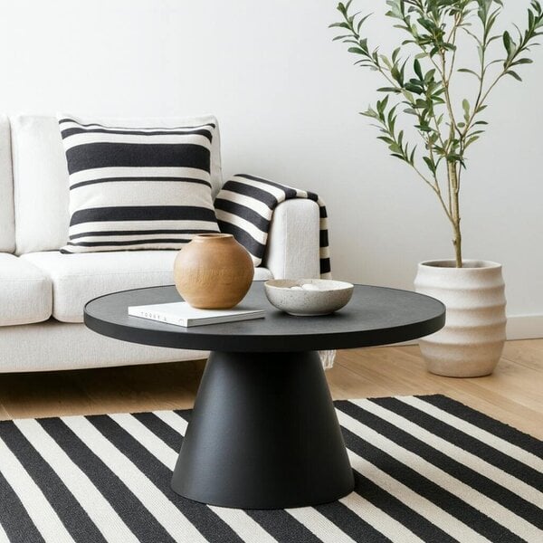 Wyld Haus Hamburg Round Black Ceramic Coffee Table with Steel Pillar Base
