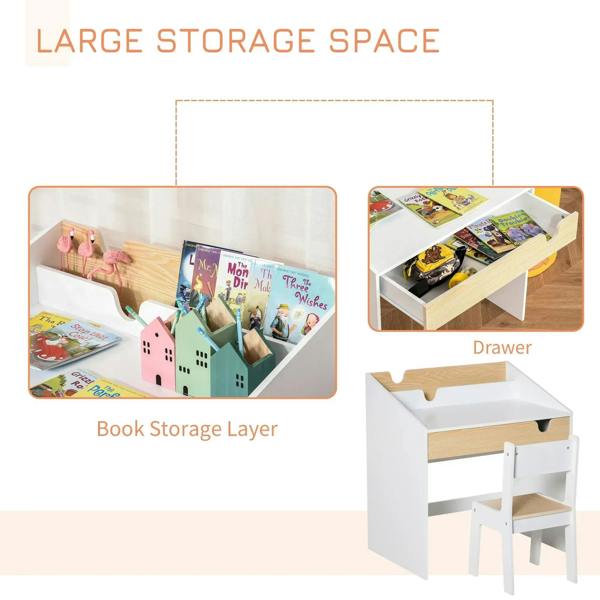 White kids desk and chair set with pull-out drawer for book storage and open shelves