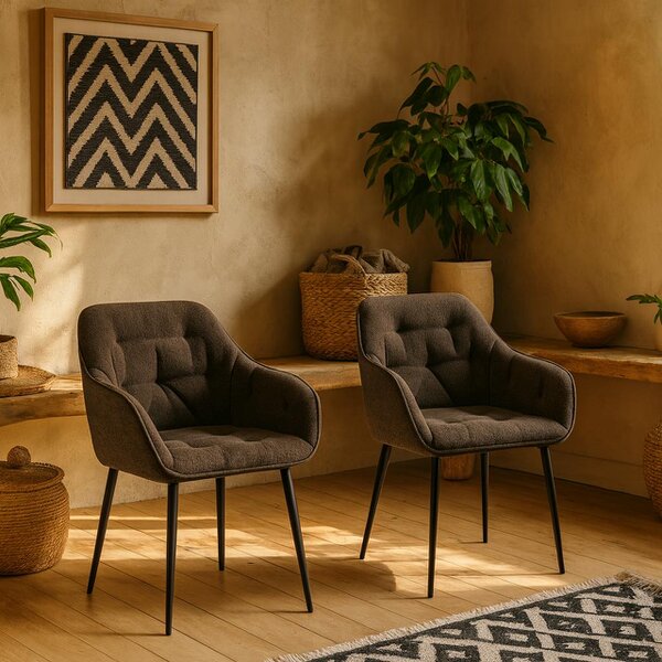 Wyld Haus Buttonfern Set of 2 Vintage Brown Diamond Upholstered Dining Chairs with Armrest