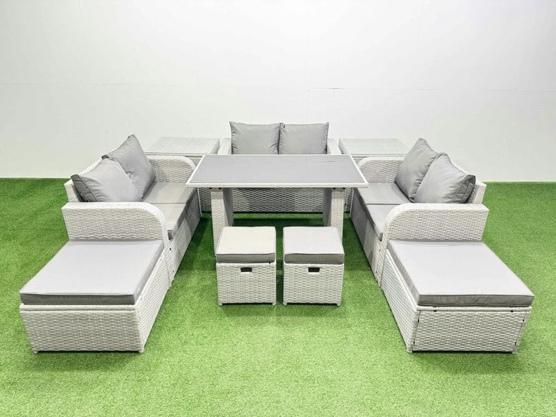 Fimous 10 Seater Patio Garden Furniture Sets with Black Glass Top Dining Table Love Sofa 4 Stools Light Grey