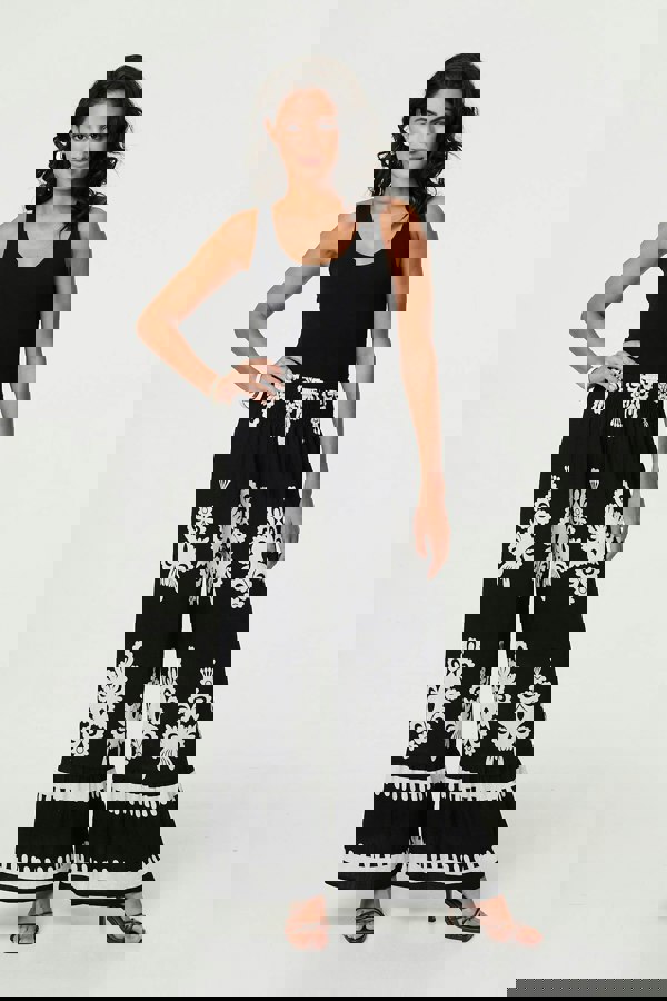 Black | Ikat Print High Waist Wide Leg Trousers
