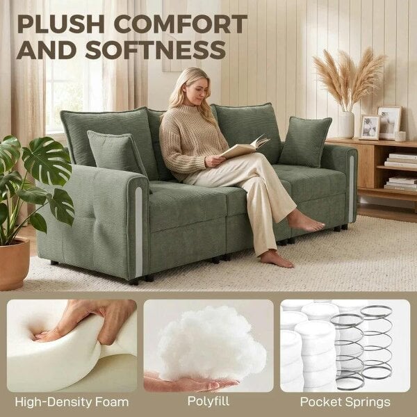 3 Seater Sofa with Lift-Up Storage, 228cm Comfy Velvet Couch with Wide Deep Seat, Dark Green