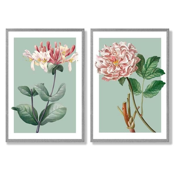Sage Green Geometric Pineapple Fruit Set of 2 Art Prints with Light Grey Frame