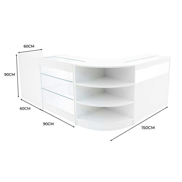 Curved white LED shop counter set with glass shelves, measuring 150cm wide, 90cm deep, and 90cm high, ideal for displays