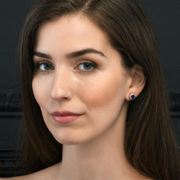 Zavana Gold Plated Classic Round Blue Halo Stud Earrings with Cubic Zirconia For Women