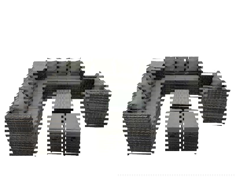 Fimous 9 Seater Garden Outdoor Rattan Furniture Set Patio Corner Sofa Coffee Table with Side Table 2 Small Stool Dark Grey