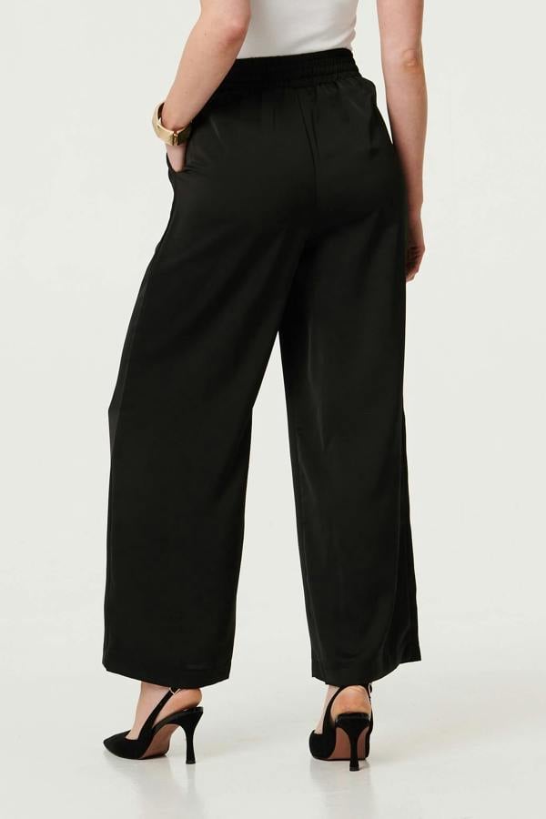 Black | High Waist Wide Leg Pleat Front Trousers
