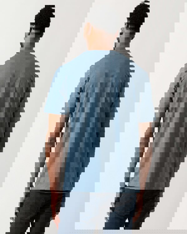 Back shot of a Model wearing a HUGO Dero222 Mens Cotton-Jersey T-Shirt with Logo Print in Open Blue