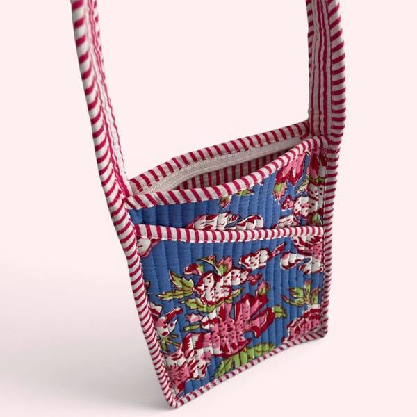 Hayley & Co Mini Cross Body Bag - Denim Blue and Pink Block Print Floral