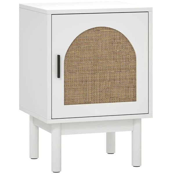 White rattan bedside table with cabinet door and arched woven panel, slim legs