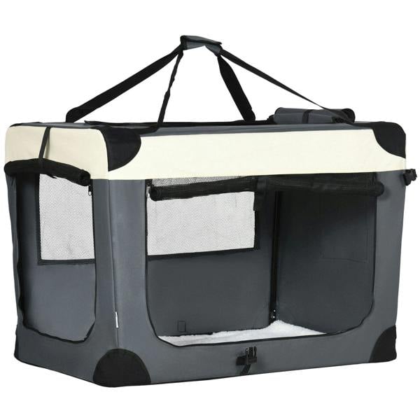 Grey foldable pet carrier with black mesh windows, front zip door, and side pocket