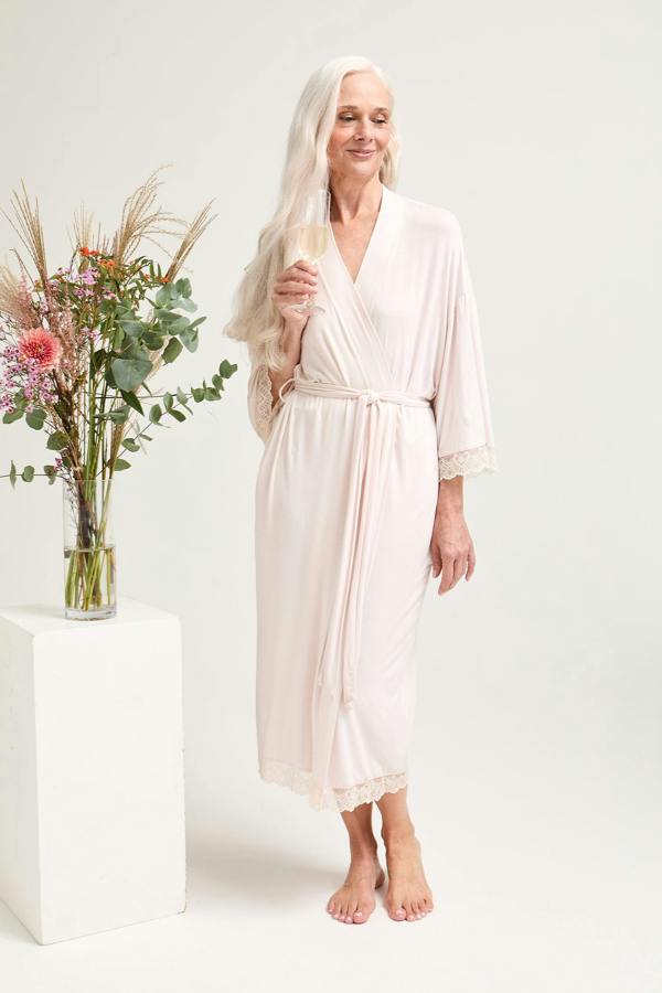 Bamboo Lace Kimono Robe in Powder Puff - Wholesale - Robes