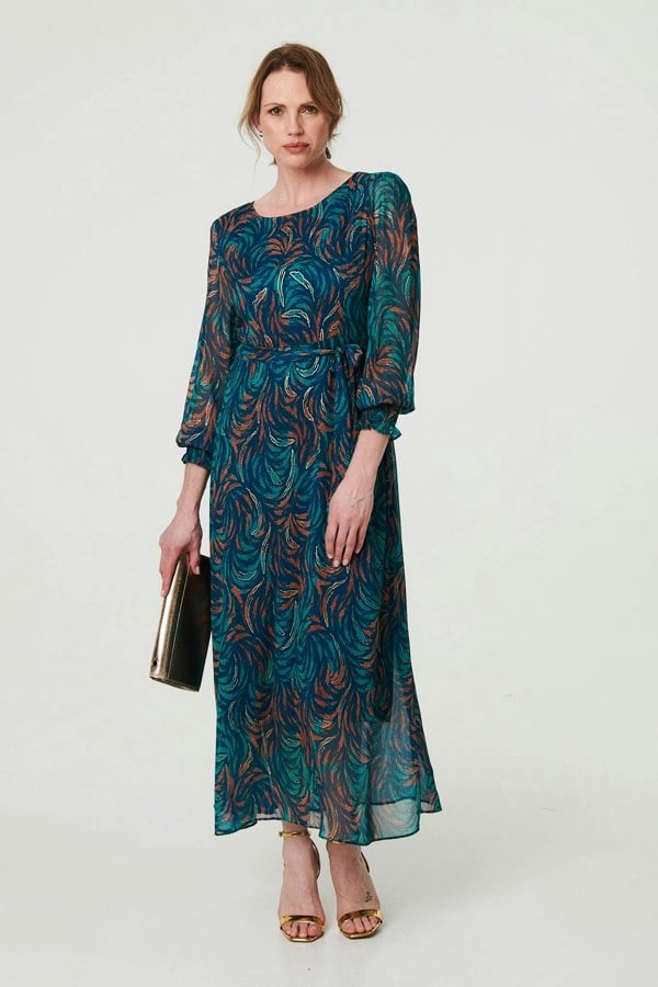 Teal | Abstract Long Sheer Sleeve Maxi Dress : Model is 5'9"/175 cm and wears UK10/EU38/US6/AUS10