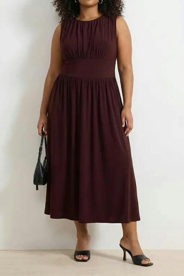 WOVCOR Crew Neck Gathered Detail Maxi Knitted Plus Size Dress