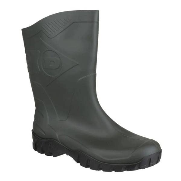 Dunlop Dee calf-length wellington boot in green, waterproof and tough for muddy farm work