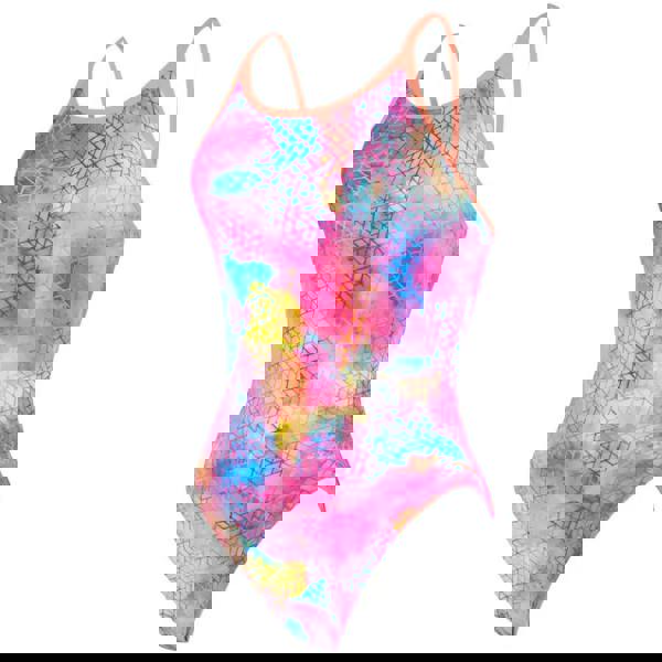 Pink Zoggs Paradox Sprintback swimsuit with tie-dye geometric patterns