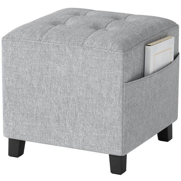 Wyld Haus Linen Light Grey Compact Square Footstool With Side Pocket And Black Wooden Legs
