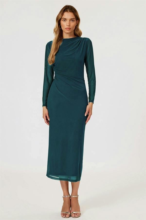 FS Collection Long Sleeves Mesh Midi Dress In Teal