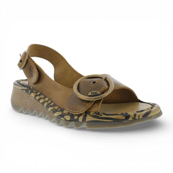 Fly London TRAM723FLY - Women’s Camel Brown Leather Wedge Sandals