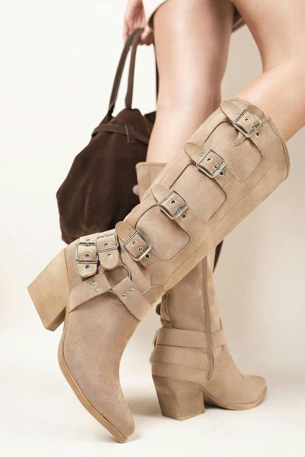 Ornella Block Heel Knee High Boots With Buckle Strap Detail - Khaki/Tan