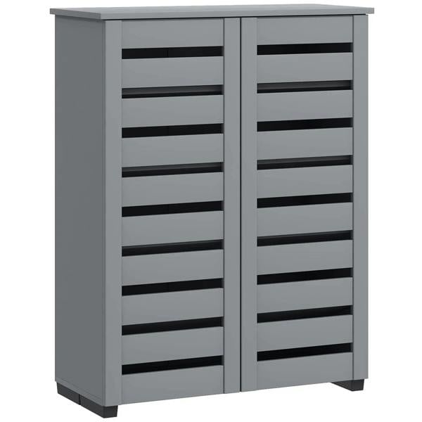 Narrow dark grey shoe cabinet with 2 slatted doors and 5 adjustable shelves