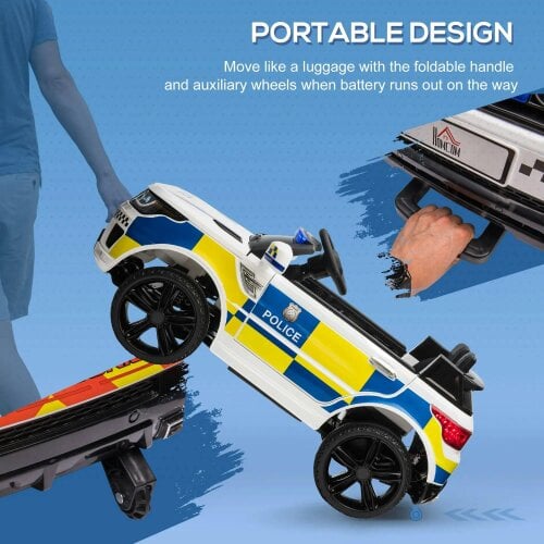 Bobobiy 12V Electric Car for Kids, Ride on Police Car with 2 Motors, Remote Control, Siren Flashing Lights, Auxiliary Wheels, for 3-6 Years, White
