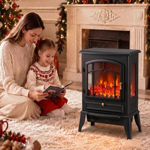 Electric Fireplace Stove, 1000/2000W 3-Sided Freestanding Fireplace Heater with 3D Flame Log, Thermostat, Black