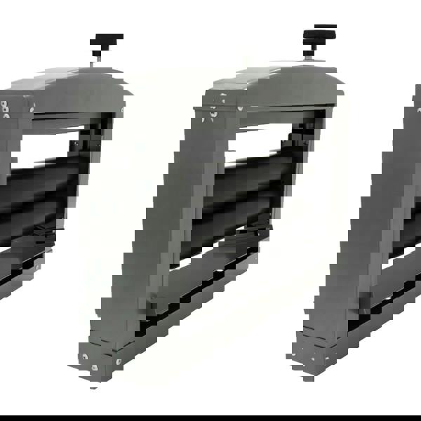 Manual hand wringer featuring a sturdy gray metal frame, two large black rollers, and an adjustable handle for efficient water extraction