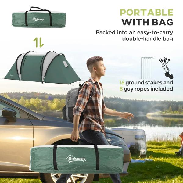 Two-room dark green tent packed with carry bag for portable storage