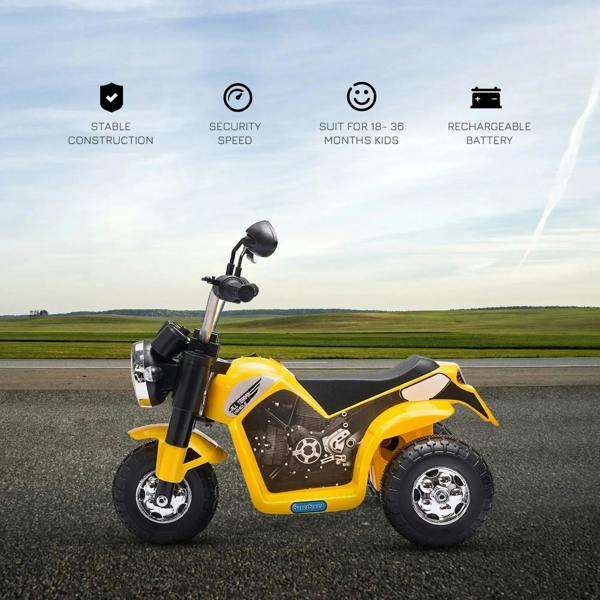 Yellow 3-wheel kids electric motorbike with LED headlight and black seat