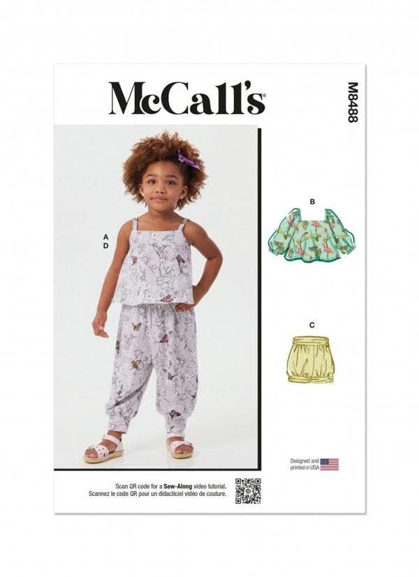 McCalls 8488 Paper Sewing Pattern – Baby & Kids' Top, Shorts & Trousers, Size 1 / 2-4, Easy