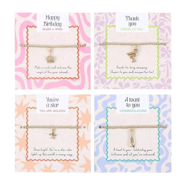 Gold-tone cross charm bracelet on display card, assorted messages (set of 24)