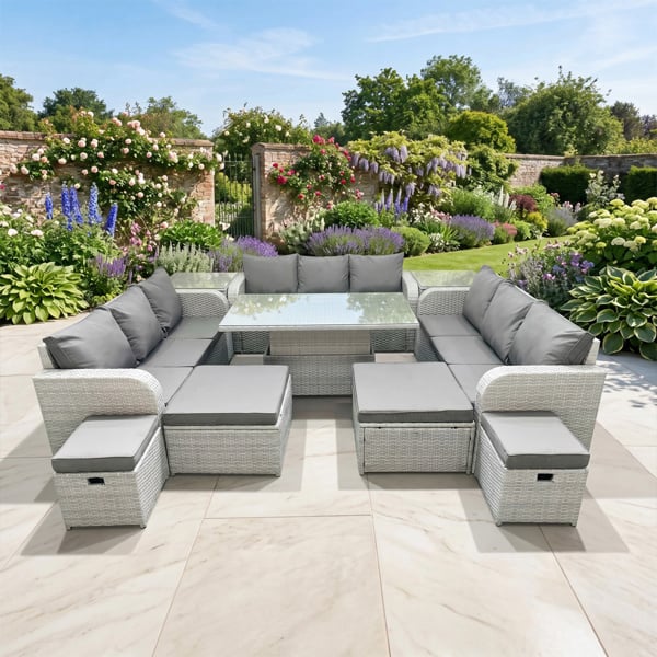 Fimous 13 Seater High Back Rattan Furniture Set with Rising Dining Table, 3 Sofas, 4 Footstools & 2 Side Tables - Light Grey